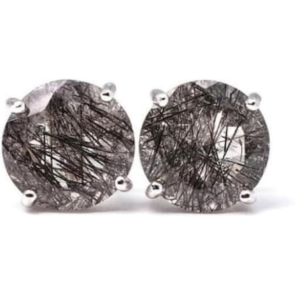 Natural Black Rutilated Quartz Stud Earrings, 925 Sterling Silver Round Shape Earrings For Women, Gifts For Graduation, Her, Birthday, Christmas Day Gifts