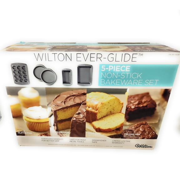 Wilton Ever Glide 5-Pieces Non-Stick Bakeware Set for Cooking and Baking – Set Includes 12-Cup Muffin Pan, 2 Round Pan, 1 Loaf Pan, and 1 Oblong Pan