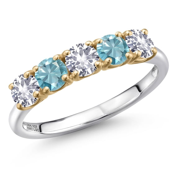 Gem Stone King 925 Silver and 10K Yellow Gold White Created Sapphire and Blue Zircon Wedding-Bands Ring for Women | 1.75 Cttw | Round 4MM | Gemstone September Birthstone | Size 5