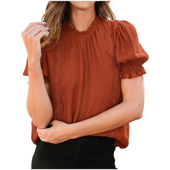 Yuzhih Summer Tops for Women Puff Short Sleeve Solid Color Shirts Dressy Casual Loose Tunic Blouse