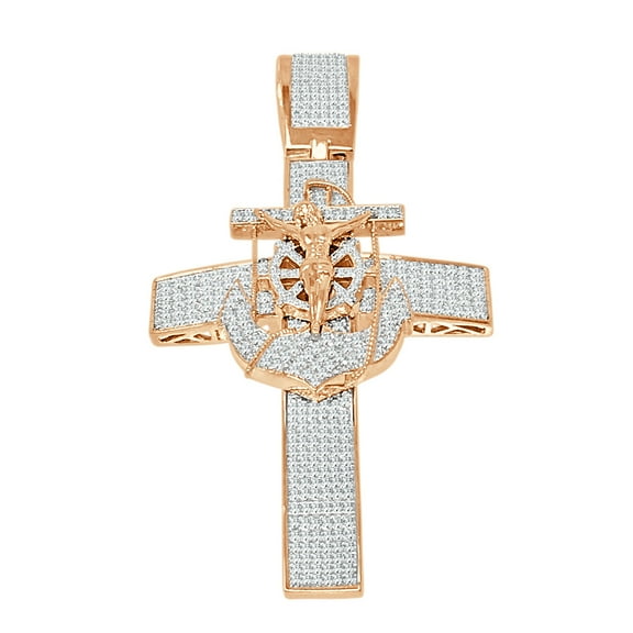 Genuine Diamond Jesus Crucifix Cross Anchor Pendant 10K Rose Gold Charm XL 3.5''