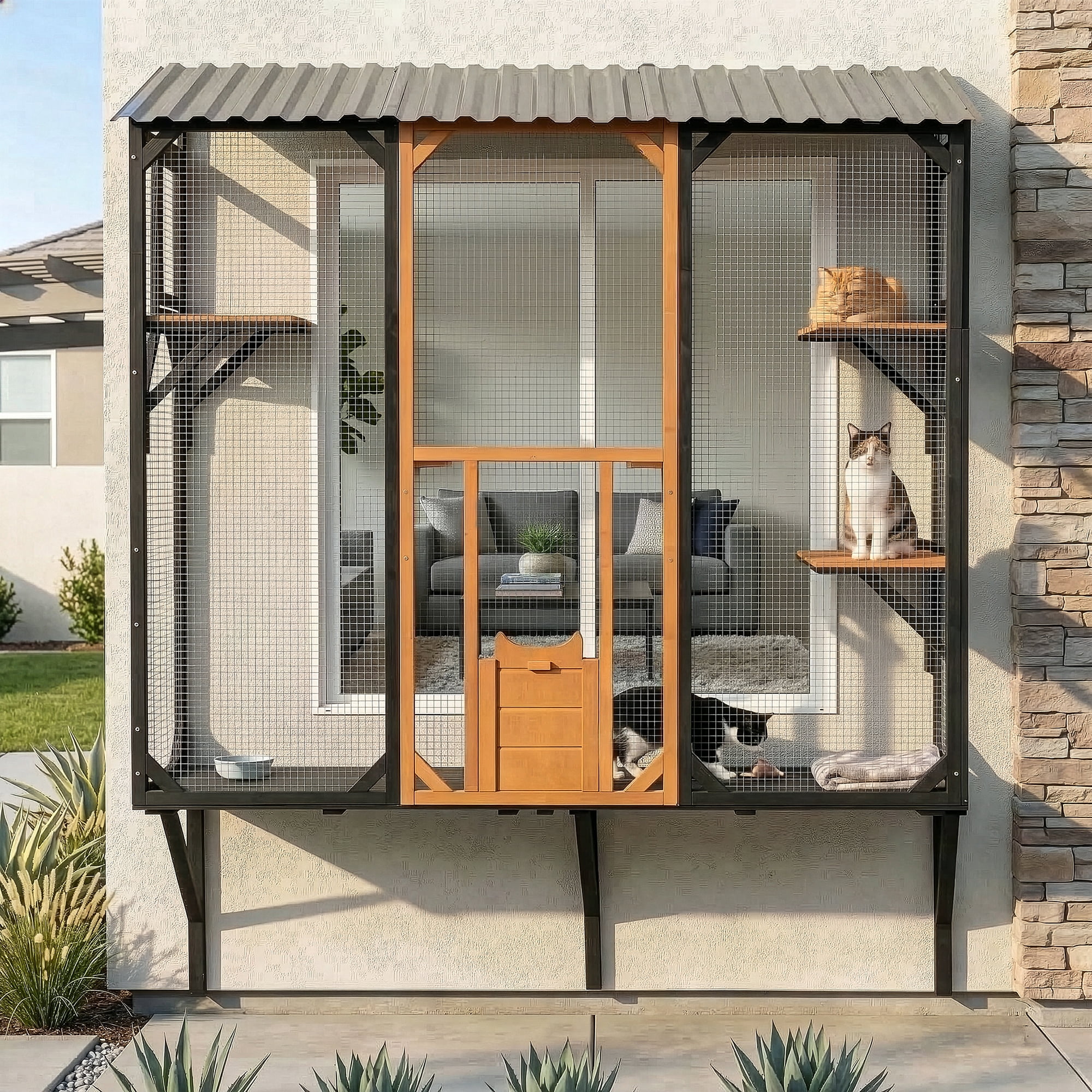 Outdoor Cat Catio Cat Climbing Catio Window Cat House Cat Patio Enclosure with Platforms for 1-3 Cats, Black+Brown  WL