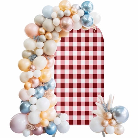 Red Farmhouse Arch Backdrop Cover 5Ft, Wedding Arch Covers Stretchy Backdrop, Gradient Buffalo Plaid Lattice Grid Fitted 2 Sided Arched Photo Background for Birthday Party Decorations