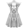 thumbnail image 4 of Nyeemya Women Holographic Shiny Dress Cap Sleeve High Waist Flared Aline Mini Dress Party Club Silver L, 4 of 7