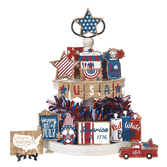 LAMIRO Patriotic Tiered Tray Decor Set,15 Pack Wooden 4th of July Tabletop Decorations,Independence Day Table Centerpiece for Memorial Day