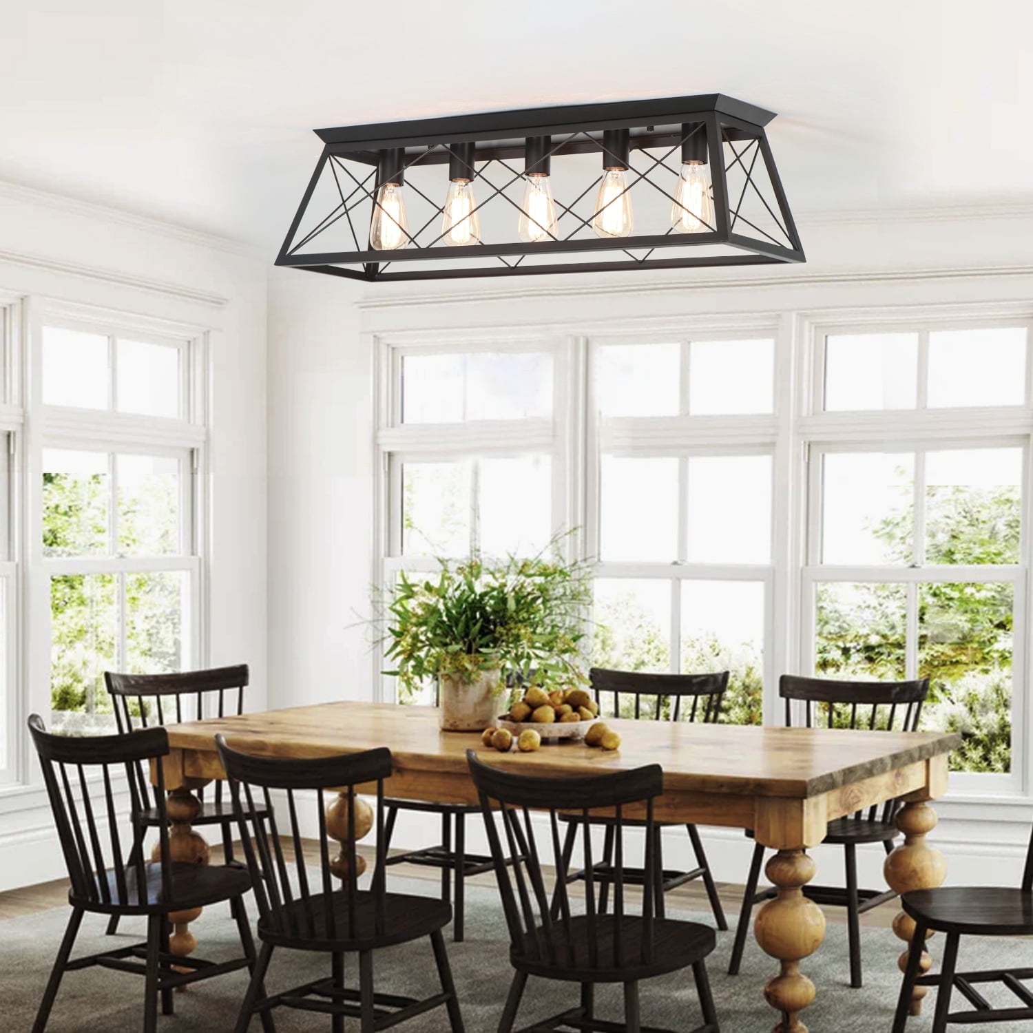 31.5 in. 5-Lights Black Farmhouse Rectangle Flush Mount Ceiling Light for Living Room Kitchen Island