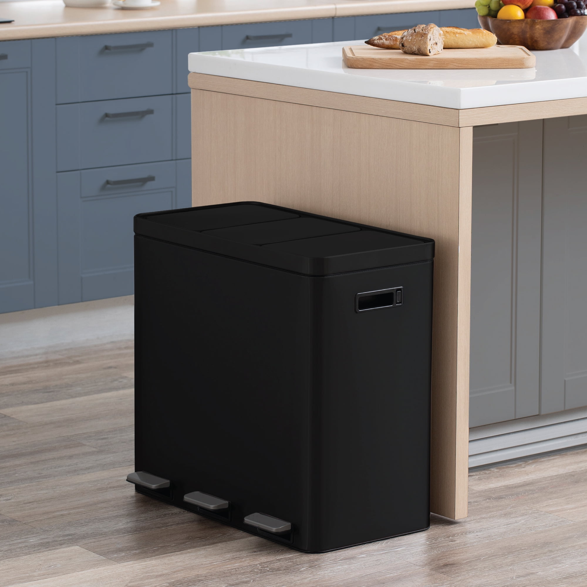 Home Zone Living 16 Gallon Stainless Steel Triple Trash and Recycling Can with Soft Close Lids and Step Pedals, Black