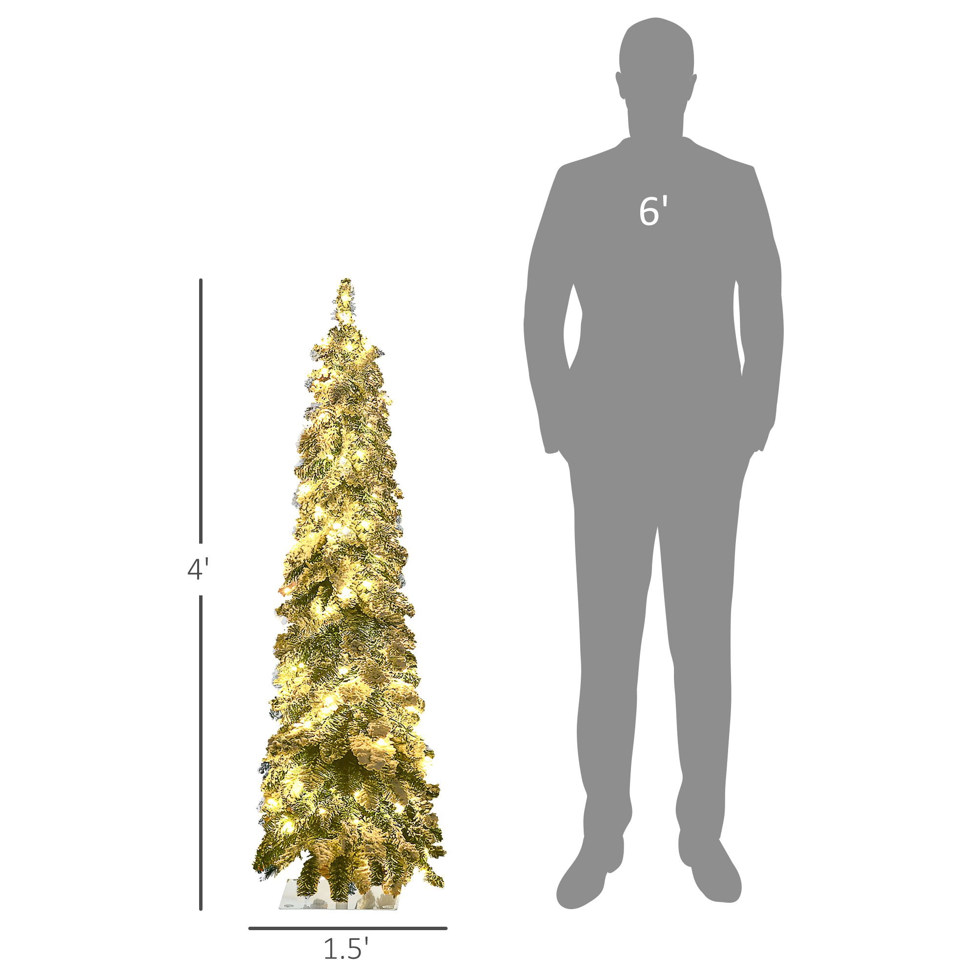 4 ft Artificial Slim Christmas Tree with Snow Frosted Branches, Pre-Lit LED Lights, Downswept Pencil Shape for Small Rooms and Entryways