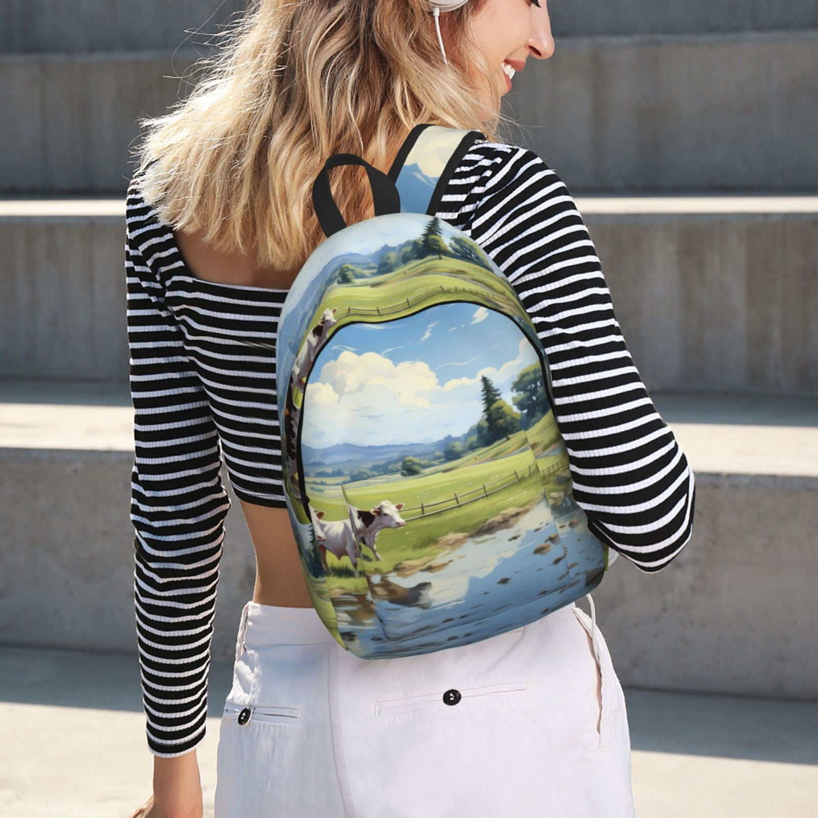 Vsdgher Pasture Cow Print Canvas Backpack Travel Rucksack Unisex Knapsack 15.7/17.7Inch Laptop Backpack for Work,College -Medium