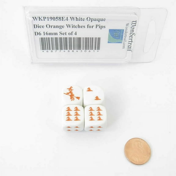 White Opaque Dice with Orange Witch Hats for Pips D6 16mm (5/8 inch) Set of 4 Wondertrail