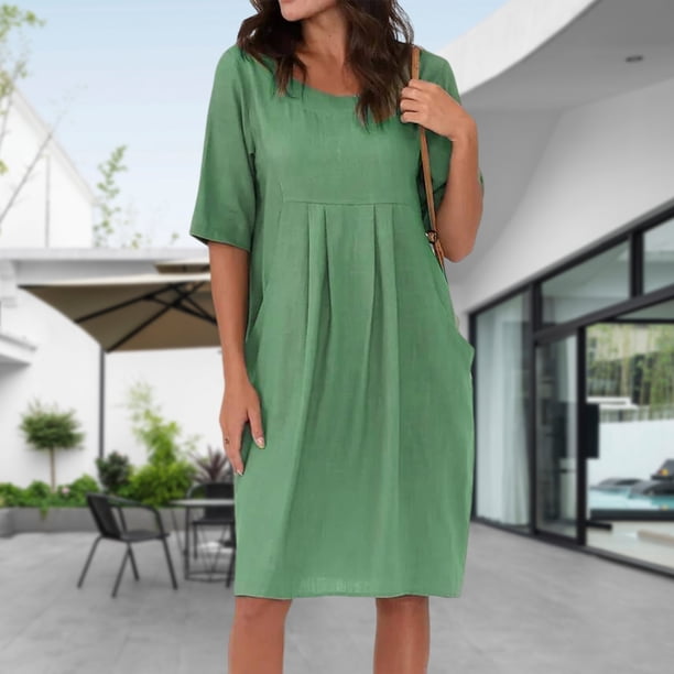 Vestido Lino Algodón Vestidos casuales de mujer con bolsillo Vestido bohemio de playa Vestidos de gran tamaño (Verde L) Cgtredaw Para estrenar