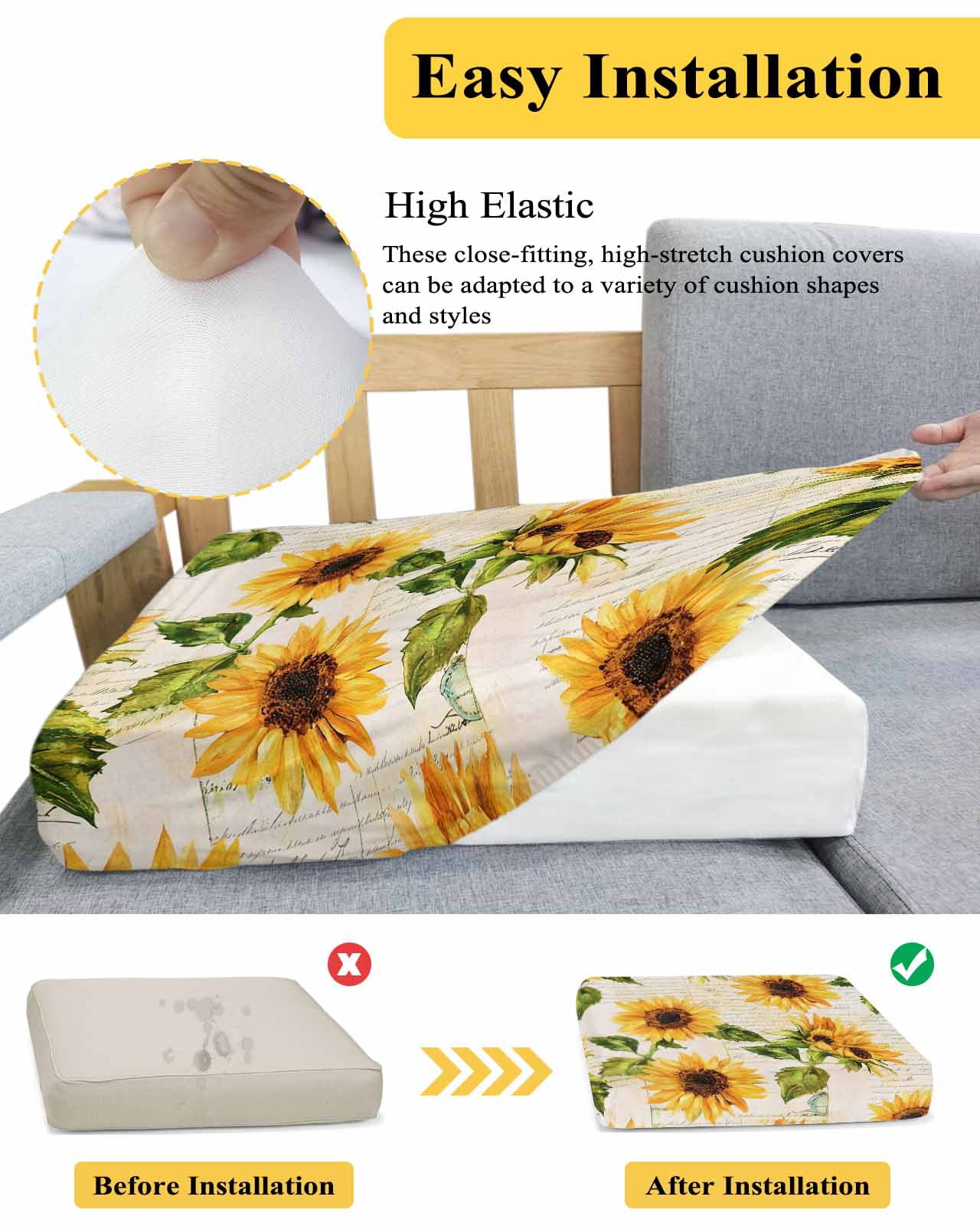 Retro Sunflower Couch Cushion Covers, Stretch Seat Cushion Covers for Sectional Sofa, Watercolor Letter Flowers Individual Sofa&nbsp;Slipcovers Furniture Protector with Elastic&Straps Small 1Pcs