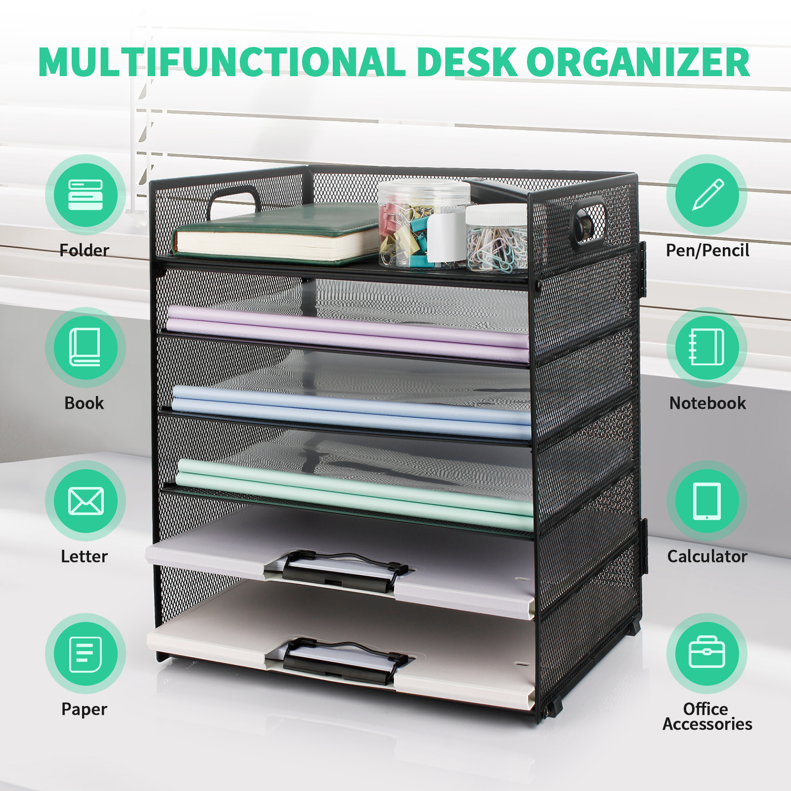PHANCIR 6-Tier Metal Mesh Desk Organizer with Handle photo 4