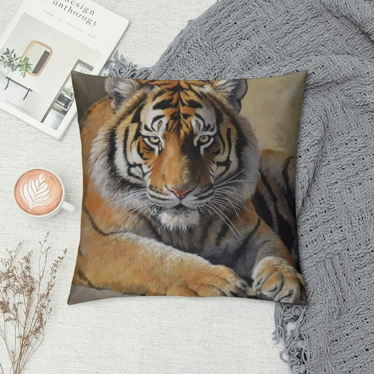 COMIO Tiger Print Animal Vintage One Throw Pillow with Cover for Couch Bed Sofa 18 x 18 Decorative Pillows w Case white