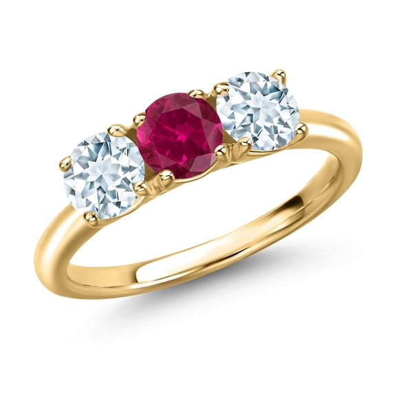 Gem Stone King 18K Yellow Gold Plated Silver Red Created Ruby and Sky Blue Aquamarine Engagement Ring for Women | 1.60 Cttw | Round 5MM | Gemstone July Birthstone | Size 9
