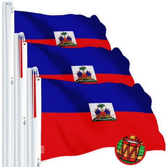 G128 3 Pack: Haiti Haitian Flag | 2.5x4 Ft | StormFlyer Series Embroidered 220GSM Spun Polyester | Country Flag, Embroidered Design, Indoor/Outdoor, Brass Grommets, Heavy Duty, All Weather