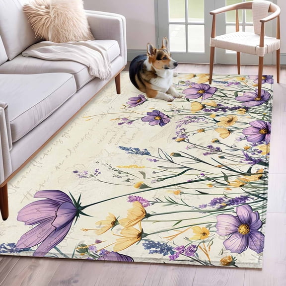 3'x5' Area Rugs, Purple Floral Spring Indoor Outdoor Area Rug for Living Room Bedroom, Watercolor Summer Botanical Vintage Washable Bathroom Rugs Kitchen Floor Carpet Mats Home Decor Aesthetic