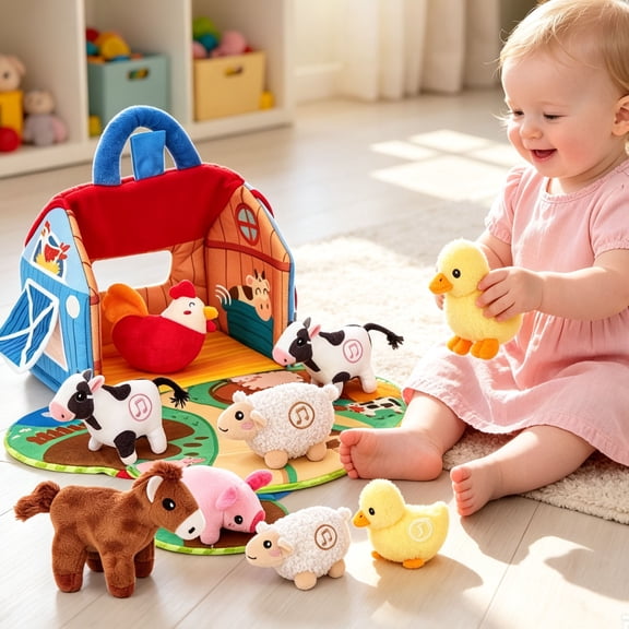 Farm Plush Toy Playset, Interactive Educational Barn with Realistic Farm Sounds and 6 Animal Figures