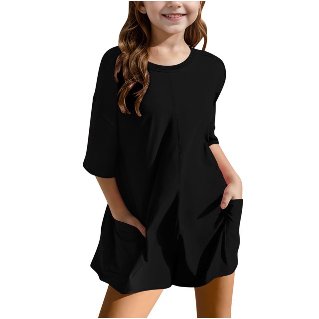 cfhntfmh Childrens Girls Rompers Casual Oversized Tee Half Sleeve Athletic Workout Wide Leg Shorts Jumpsuits with Pockets