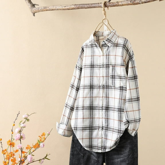 FDGIU Women's Plaid Flannel Shacket Jacket - Cozy Lapel Button-Down Shirt Coat, Fall Winter Fuzzy Trench Oversized Outerwear