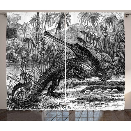 - Vintage Curtains 2 Panels Set, Old Fashion Sketch of A Crocodile in Forest Wildlife Nature Woods Fossil Picture, Window Drapes for Living Room Bedroom, 108W X 96L Inches, Charcoal Grey, by Ambesonne