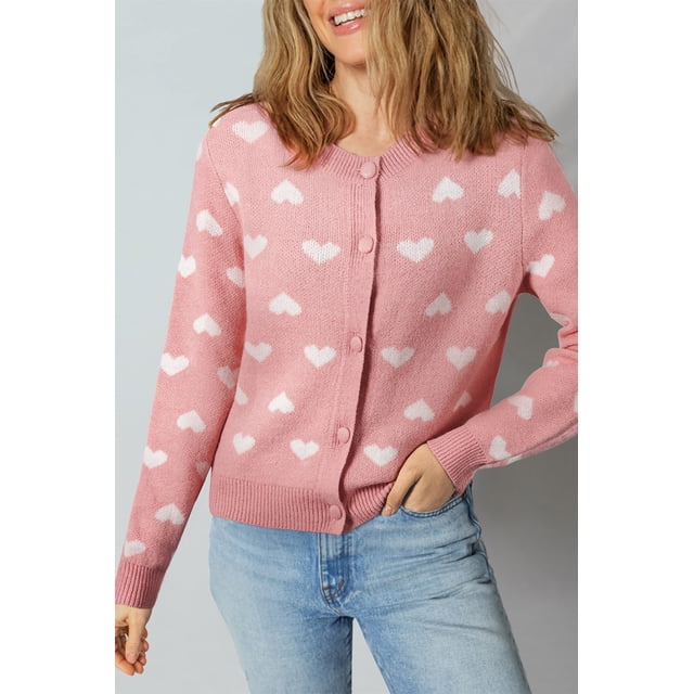 I AM A FASHION JUNKY Light Pink Heart Pattern Button Front Cardigan Sweater (LightPink, S, 65%Acrylic+35%Polyamide)