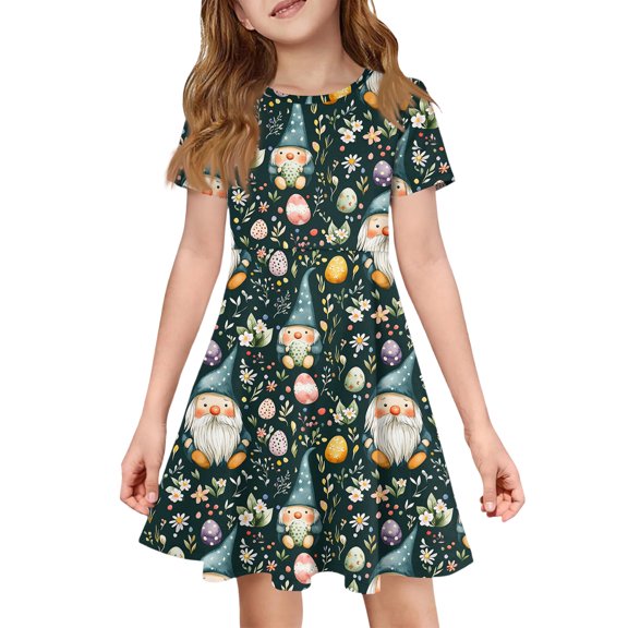 YOUYEDIAN Toddler Girls 2026 Easter Short Sleeve Dress Kids Festival Summer Cotton T Shirt Dresses Teen Casual Crew Neck Sundress (Army Green, 4-5 Years)