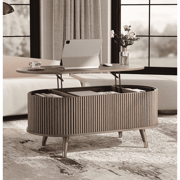 JOINICE Coffee Table with Lift Top,42.5” Fluted Center Table with Hidden Compartment ,Mid Century Modern Oval Coffee Tables for Living Room,Apartment,Walnut