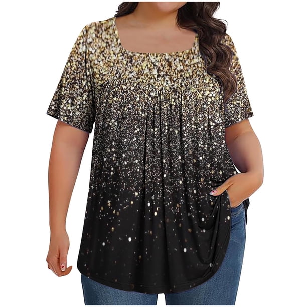 Fiudx Ofertas de La Semana Top Holgado de Manga Corta Plisado con Cuello Extragrande Estampado para Mujer L-5Xl