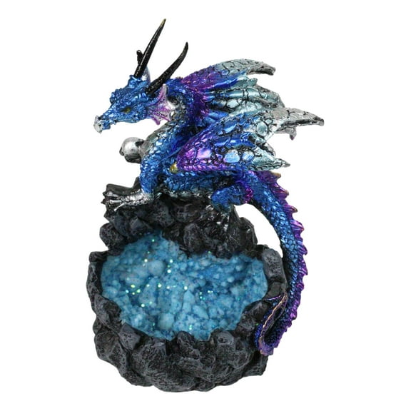 Metallic Blue Dragon with Purple Spikes Guarding Quartz Crystal Quarry Figurine