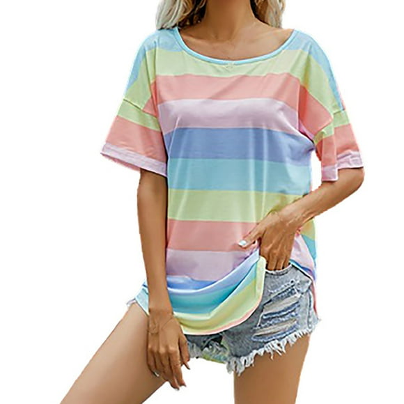 PVCS Women's Vintage Short Sleeves Rainbow Printed Pattern Casual Short Sleeve Tops