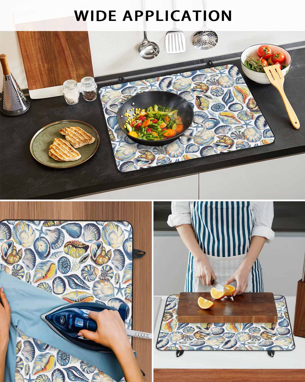 nqOlkjepod Large Induction Cooktop Protector Mat 24"x21", Blue Yellow Coastal Stove Top Covers for Electric Stove, Summer Shell Starfish Ocean Stove Burner Cover Mats, Glass Top Stove Cover