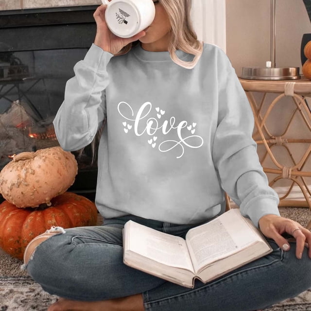 Qertyioot T-Shirt Graphique pour Femmes de la Saint-Valentin à Manches Longues, Chandail d Haut Imprimé à Col Rond à la Mode