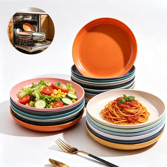 4 Pack Sturdy Reusable Plastic Plates, 8 Inch Microwave & Dishwasher Safe Wheat Straw Plates, Easy‑to‑Clean Lightweight Portable Dinner Plates for Kitchen & Picnic