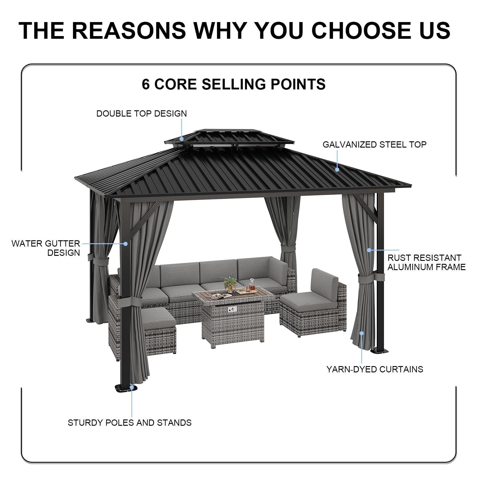 Sunmthink 10x12 ft. Hardtop Gazebos, Double Roof Galvanized Steel Outdoor Aluminum Frame Canopy with Netting and Curtains, Grey
