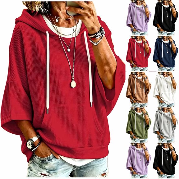 Women's Soft Waffle Knit Hoodies Oversized 3/4 Dolman Sleeve Hooded Sweatshirt Loose Casual Pullover Tops Fall Fashion Outfits White