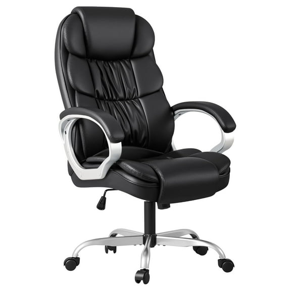 Office Chair High Back Computer Desk Chair, PU Leather Adjustable Height Modern Executive Swivel Task Chair with Padded Armrests and Lumbar Support (Black)