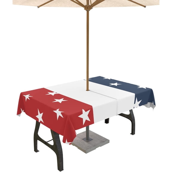 4th of July Tablecloth with Umbrella Hole and Zipper US Flag Stars Stripes Rectangle Outdoor Tablecloths 60x84 Outside Table Cloths Red Blue White Patio Table Cloth Cover for Independence Day Garden