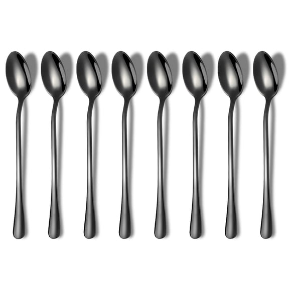 Black Long Handle Spoon, Coffee Stirrers, Premium Stainless Steel Coffee Spoons, Ice Tea Spoons, Ice Cream Spoon, Cocktail Stirring Spoons, Tea Spoons, Set of 8 (Black)