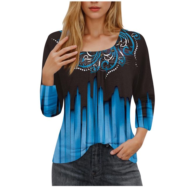 Blusas para las Mujeres Casual, 3/4 Manga Impresa Camiseta Top de Moda Hecha de Poliéster Suave Transpirable para el Uso Diario Casual de Verano, Tops de Blusa para las Mujeres