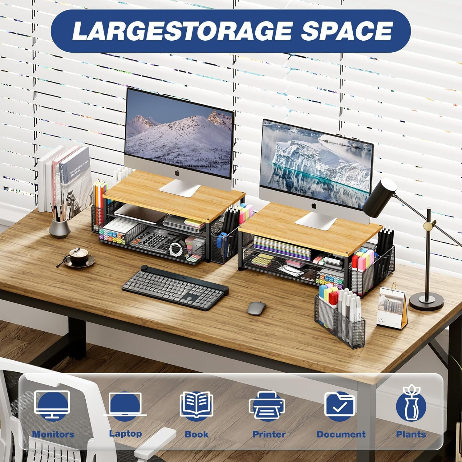 A house of tools Desk Organizers and Accessories, 2-Tier Computer Monitor Stand with Drawer and 2 Pen Holders, Office Desk Accessories Workspace Desktop Organizers for Office Supplies, Oak