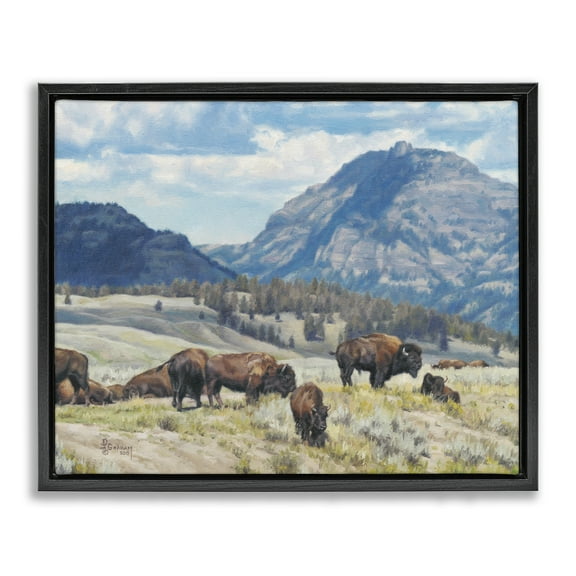 Stupell Industries Sunny Afternoon Bison Landscape Painting Black Floater Framed Canvas Art Print Wall Art, 21 x 17