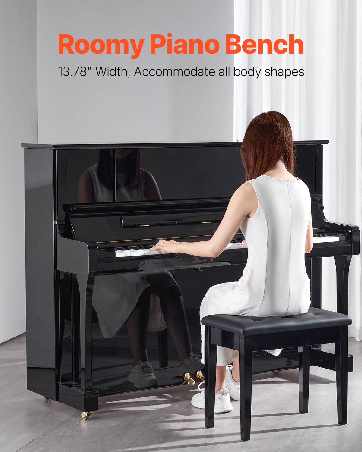 KFFKFF Piano Stool, Dimensions 22" x 13.78" x 19", Piano Seating with Thickly Padded Cushion, Storage Space for Sheet Music, Timber Piano Storage Bench, Suitable for Dressing Area, Lounge, Boudoir