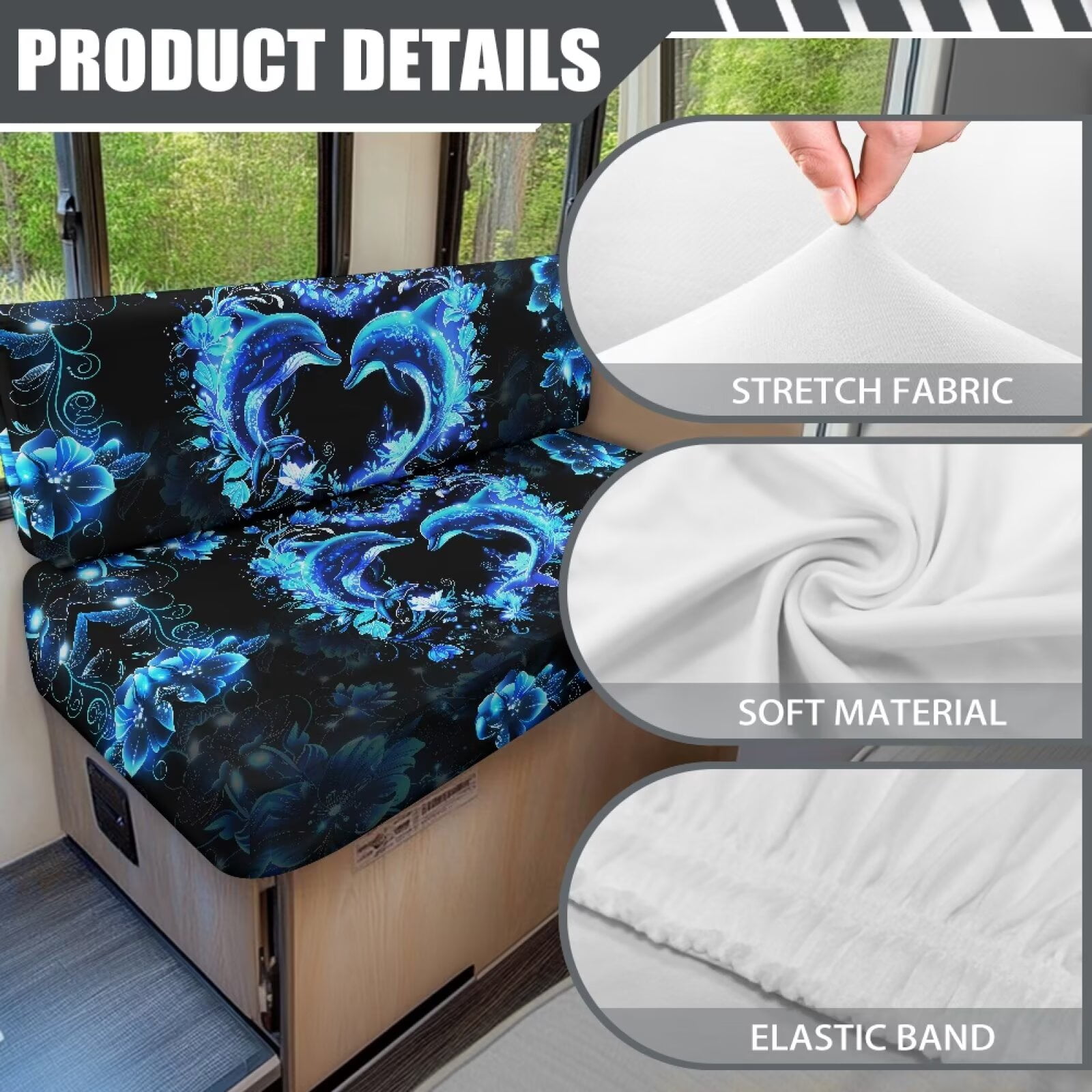 XYZCANDO Dolphin RV Dinette Cushion Covers Universal Camper Decor Washable Couch Cushion Covers Comfortable Furniture Covers for Sofa and Loveseat Couch Cover 2 Cushion Sofa Camper Must Haves Black