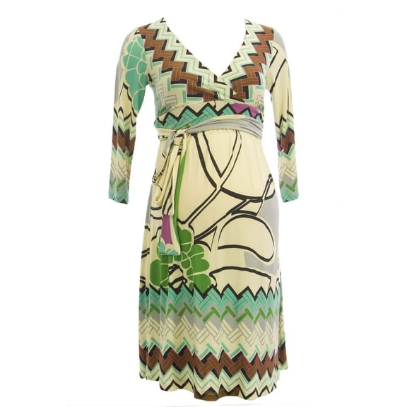OLIAN Maternity Women's Geometric Print Wrap Around Sash Dress X-Small Ivory