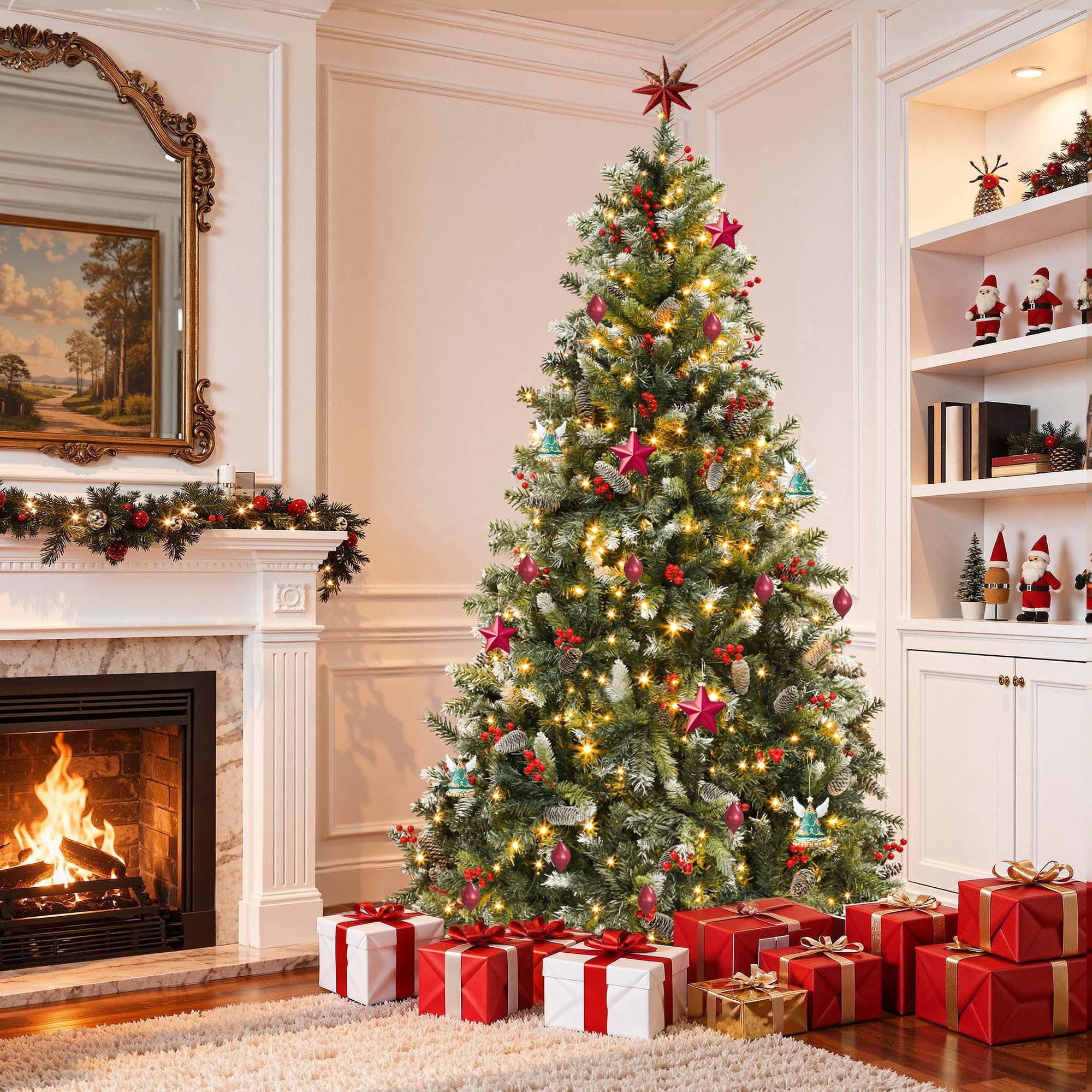 Uforic 7.5ft Pre-Lit Pine Artificial Christmas Tree with 1398 Branch Tips & 550 Lights,  82 Pine Cones & 82 Red Berries, Remote Control, Green