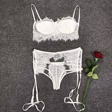 

TANGNADE 3-Pc Women Lace Sexy Lingerie Straps Bra and Panty Garter Set Underwear Babydoll