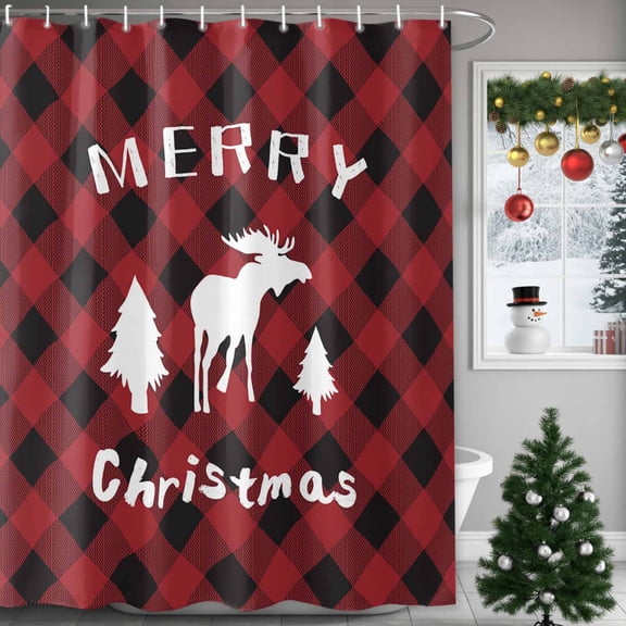 Merry Christmas Shower Curtains for Bathroom, Elk Red Black Buffalo Check Waterproof Fabric Shower Curtain for Bathroom Bathtub Decoration, Machine Washable, 36"x72"