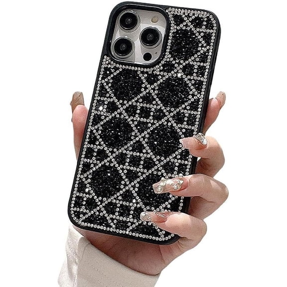Designed for iPhone Case,Luxury Electroplated Rhombus Glitter Rhinostone Sparkle Sparkly Camera Lens Protection Shockproof Protective Cover Phone Case (iPhone 11,Black)