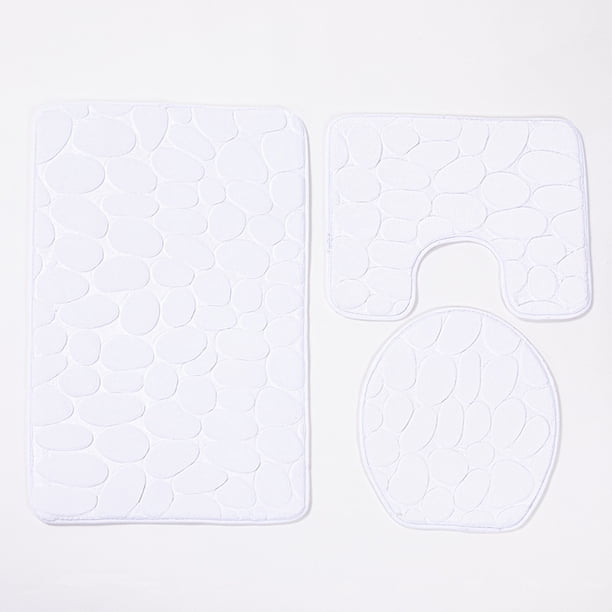 Nvzi Juego de alfombrillas de baño con relieve de guijarros, juego de tres piezas para inodoro, alfombrillas de baño absorbentes, limpiables y reutilizables para ducha (blanco).